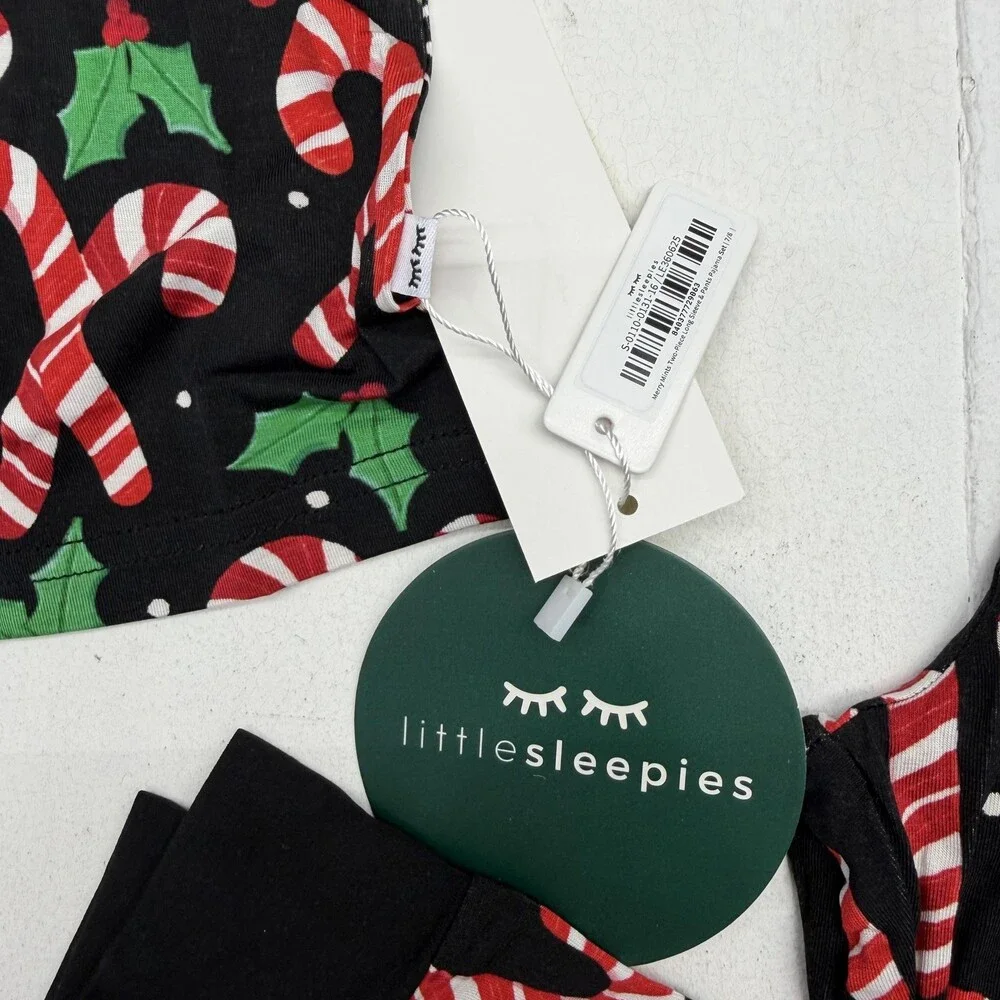 Little Sleepies Pajama Set Kids 7-8 Black Merry Mints Candy Cane 2 Piece PJs